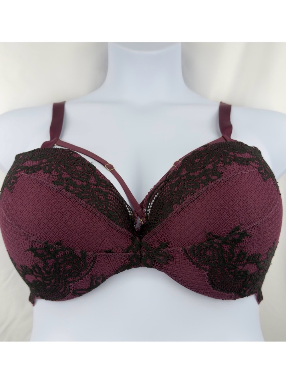 Lane Bryant Cacique Max Boost Plunge Bra 46C Burgundy Black Lace Push Up